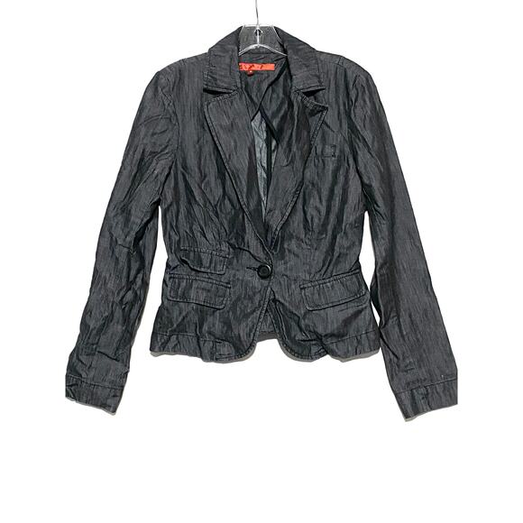 Level 99 Black Denim Blazer Jacket One Button Cotton Lyocell Stretch Womens M - Picture 1 of 11